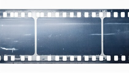 damaged blank 35mm film strip scan with perforations and blue grain texture for vintage design, analog media concept

