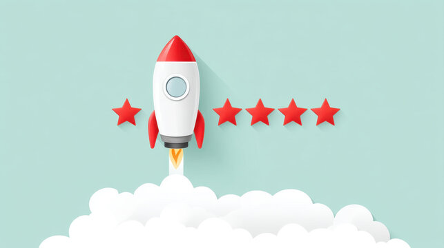 Cartoon rocket launching through clouds, symbolizing success and achievement with five stars above, evoking sense of excitement and adventure