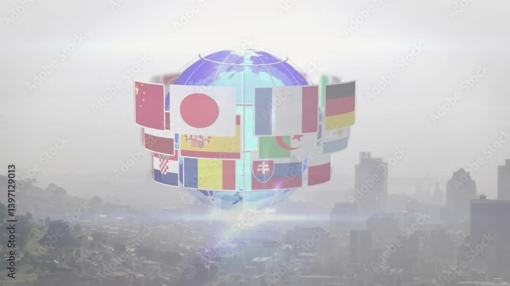 Poster animation of flags rotating around digital globe with cityscape in background