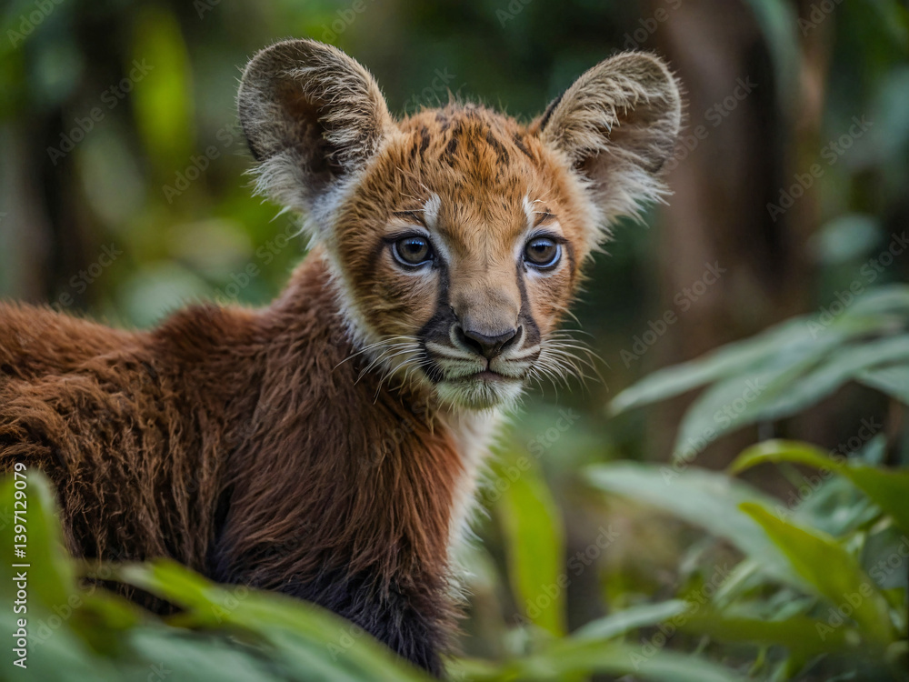 Poster close-up view of bongo cub in its natural environment with a blurred background.