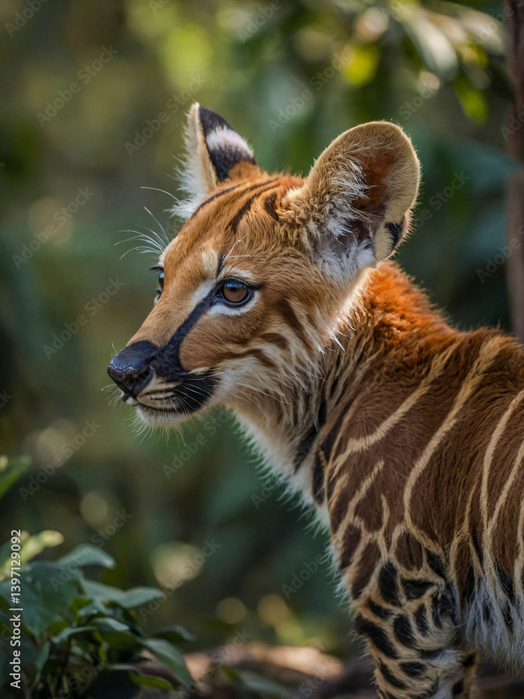 Poster close-up view of bongo cub in its natural environment with a blurred background.
