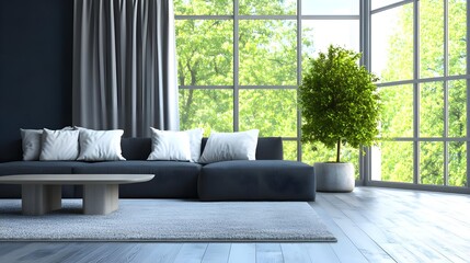 Fototapeta premium Elegant Modern Living Room Design with Dark Blue Accents and Greenery