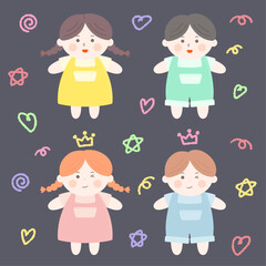 다양한 어린이 인형과 꾸밈 요소
