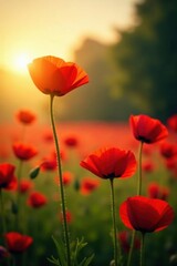 Obraz premium Deep crimson poppies sway gently in the fading sunlight, tranquil scene , serene, botanical