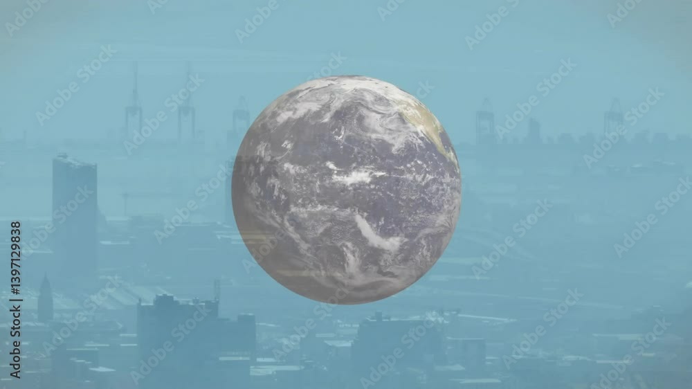 Poster animation of earth floating above cityscape with cranes and buildings in background