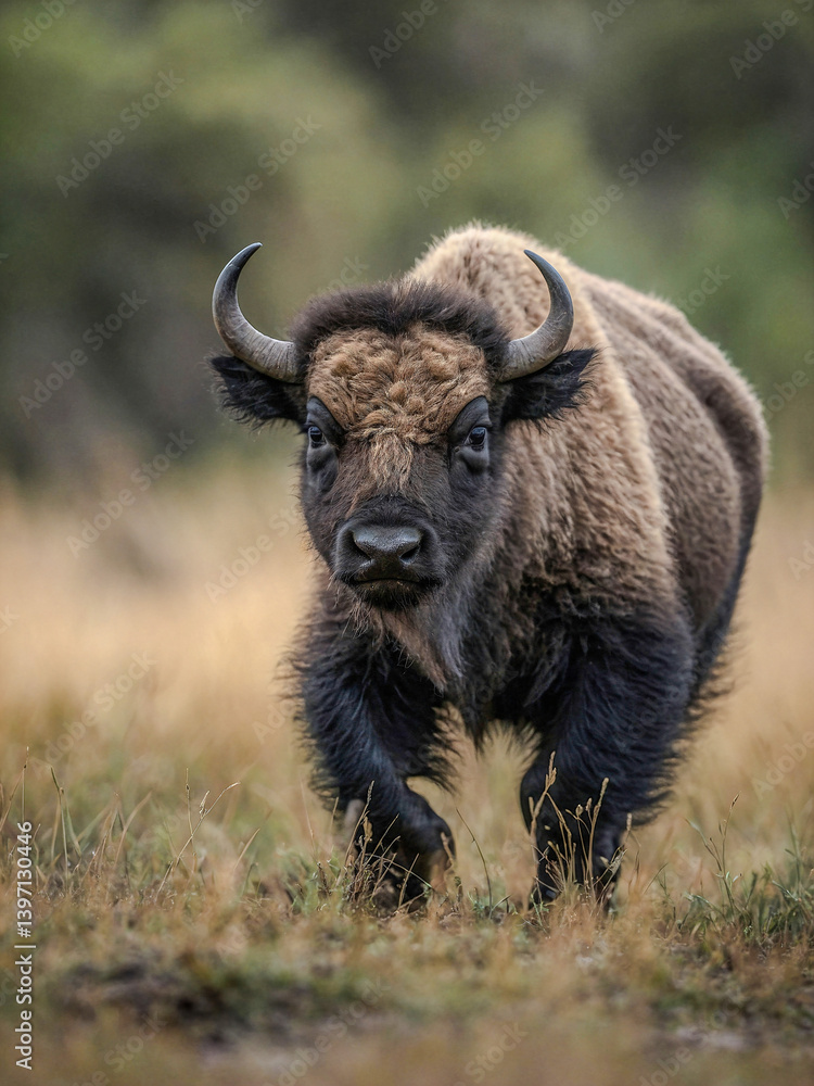 Poster close-up view of buffalo cub in its natural environment with a blurred background.