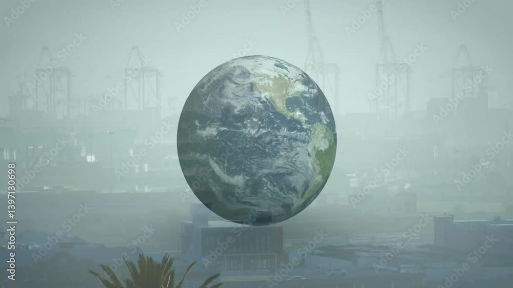 Poster animation of giant earth globe hovering over cityscape with cranes in background