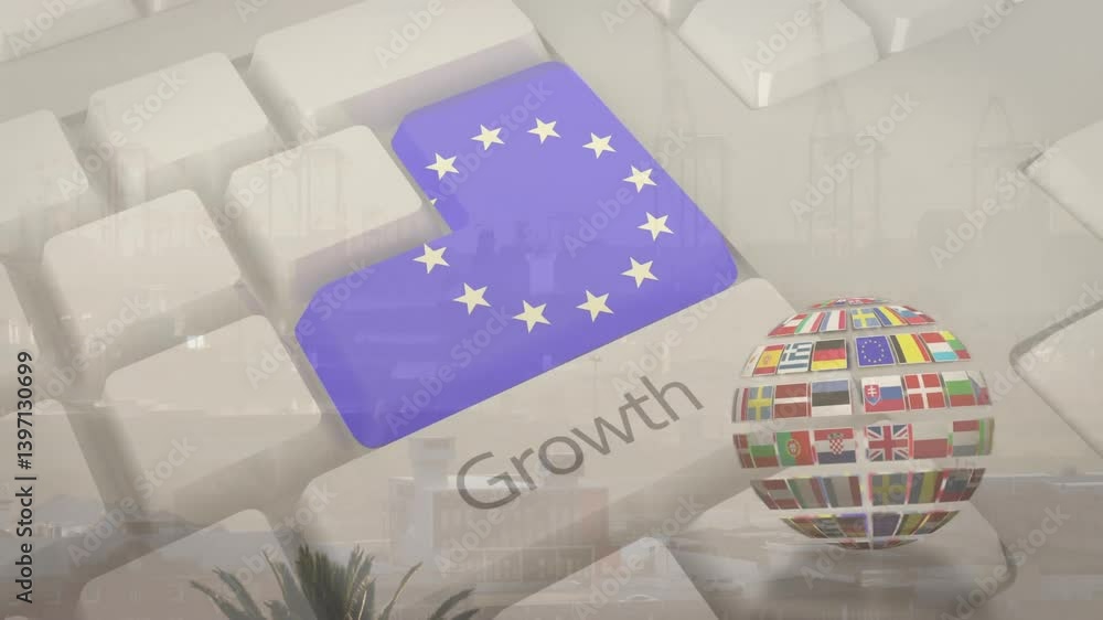 Poster european union flag on keyboard key featuring animation of globe with flags