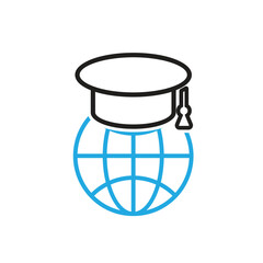 graduation icon. graduation cap toga vector with globe. explaining education, learning outcomes, bachelor. for events, celebrations, flyers. Line design style
