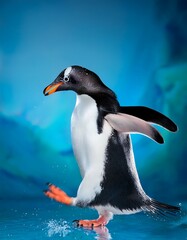 Fototapeta premium A hyper-realistic penguin joyfully leaping in a vibrant artistic street