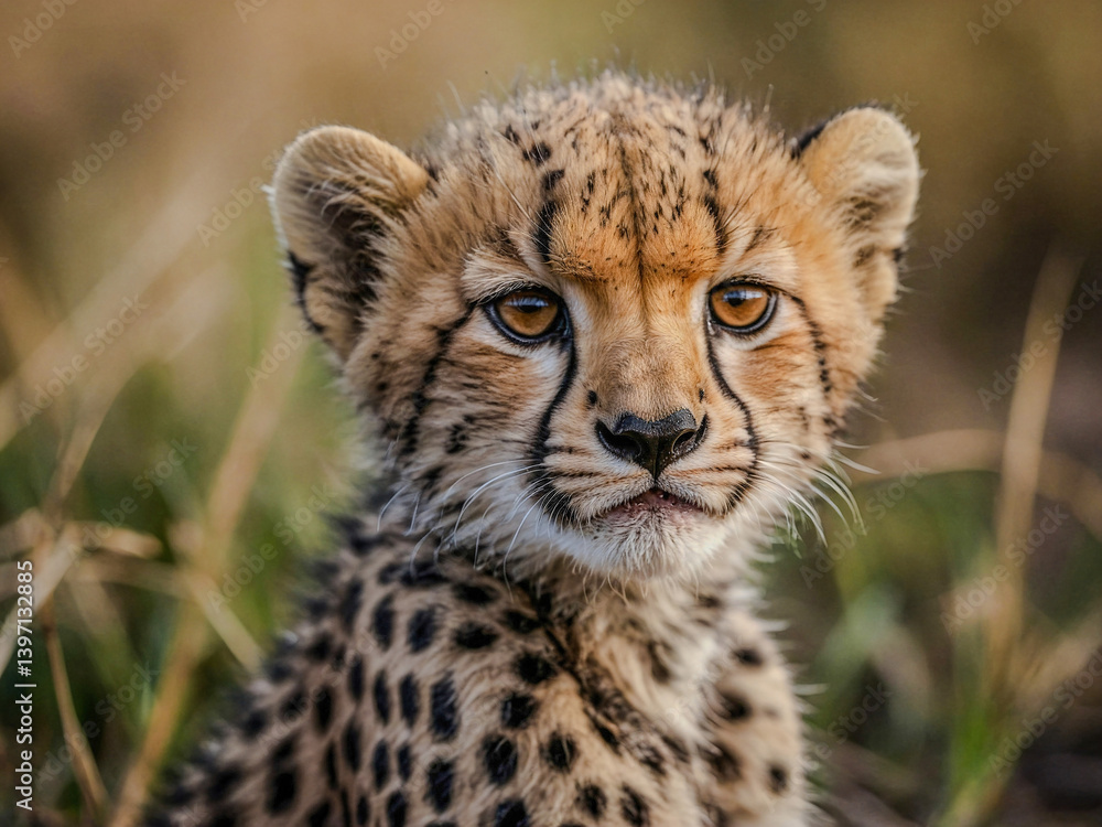 Aufkleber close-up view of cheetah cub in its natural environment with a blurred background.