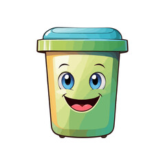 Smiling cartoon trash can with blue lid and expressive eyes, brightening up a waste management theme