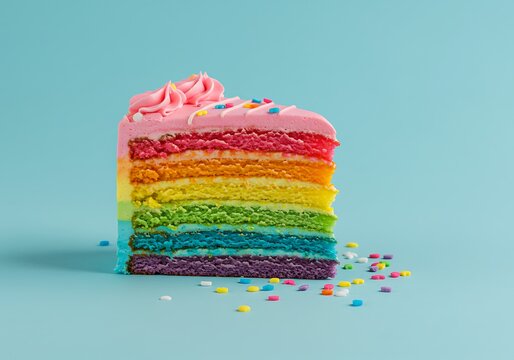 Rainbow Layer Cake Slice with Pink Frosting and Colorful Sprinkles