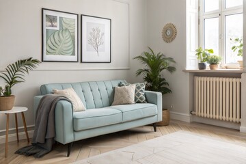 Elegant Living Room Interior Design Pale Green Sofa, Plants, Artwork
