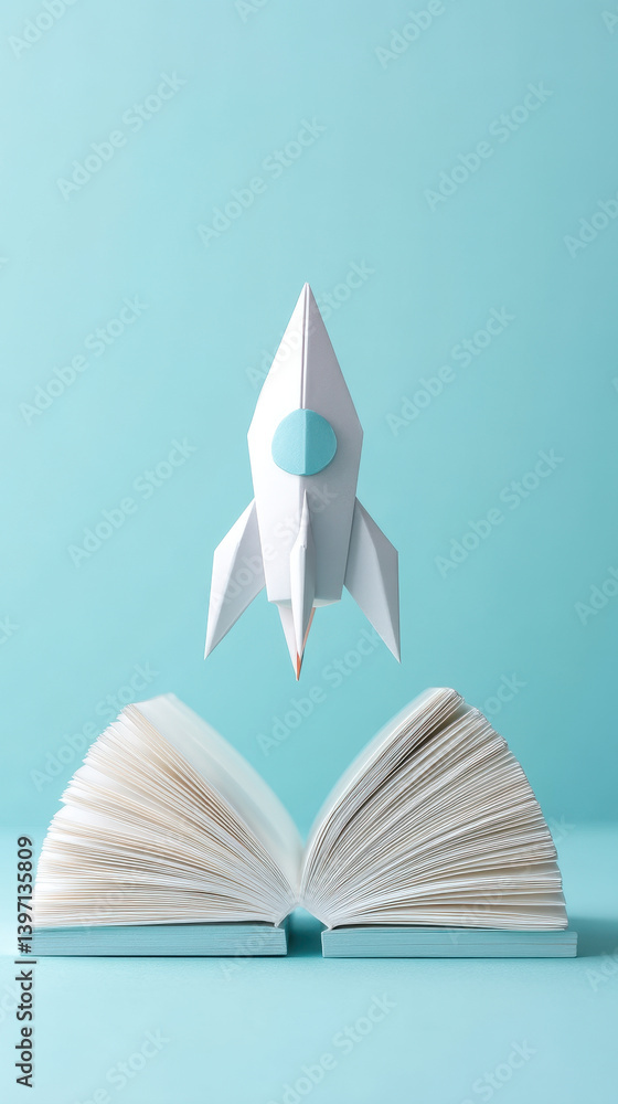 Poster creative concept of paper origami rocket launching from open book, symbolizing imagination and explo