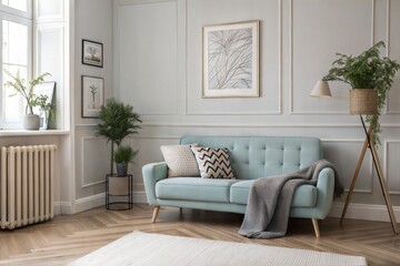 Light Blue Sofa Living Room Decor Plants, Artwork, and Style