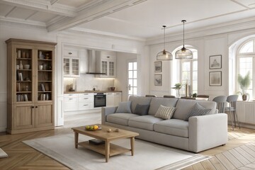 Fototapeta premium Elegant Living Room Design Modern Sofa, Oak Cabinet, Kitchen View