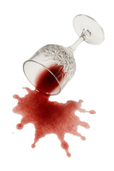 Red wine spill with glass on white background