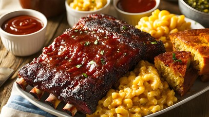 Delicious BBQ Ribs Platter with Mac and Cheese and Cornbread