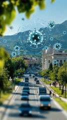 Traffic flow amidst virus threat in urban environment city center digital art daytime aerial view health awareness