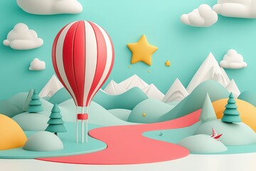 Whimsical Pastel Landscape with Red Hot Air Balloon