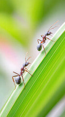 Naklejka premium Detailed close up of ants on vibrant tropical leaf, showcasing their intricate features and natural behavior in lush environment