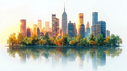 Fototapeta premium Urban skyline skyscrapers rise above trees, reflecting in water at sunrise