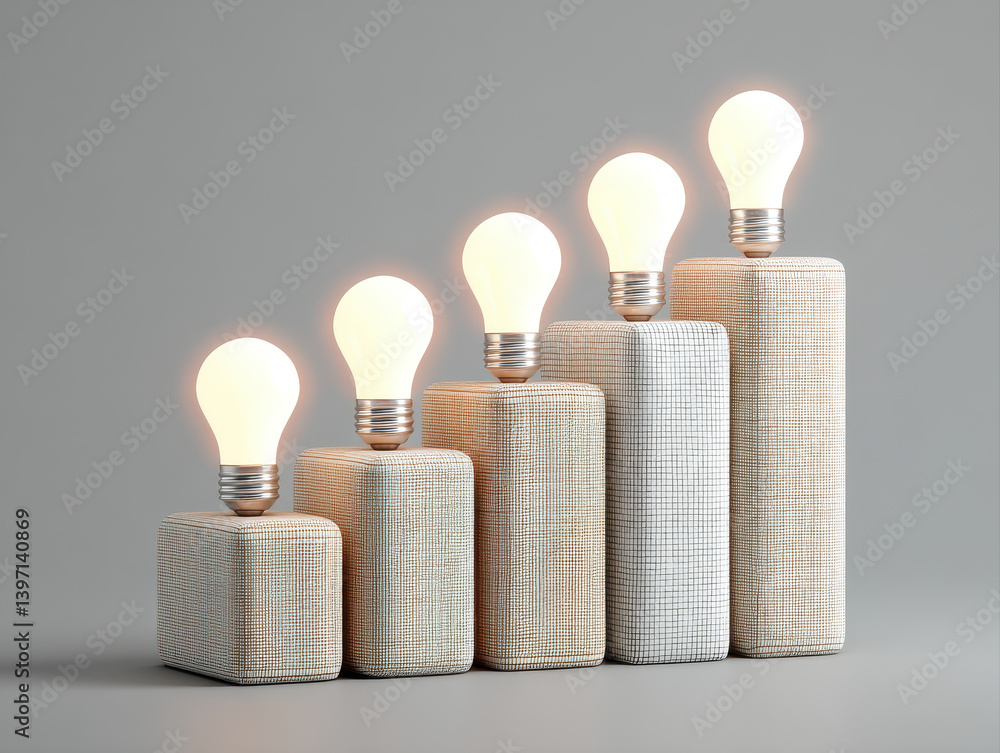 Aufkleber bright light bulbs arranged in dynamic ascending pattern on textured bases, symbolizing growth and i