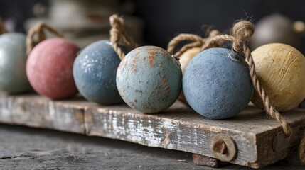 Obraz premium Spheres of color rest on weathered wood, tied with rustic jute twine
