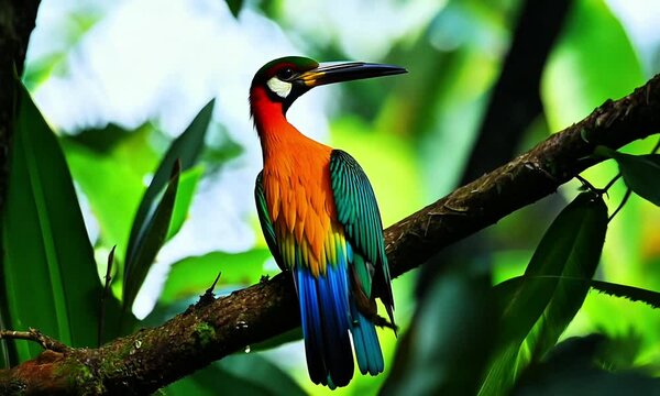 Burung dengan bulu berwarna hinggap di ranting pohon 