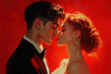 Passionate kiss between couple in elegant attire against a vibrant red background during a romantic evening