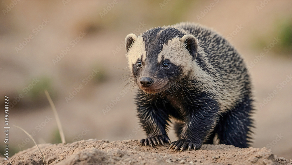 Poster close-up view of honey badger cub in its natural environment with a blurred background.