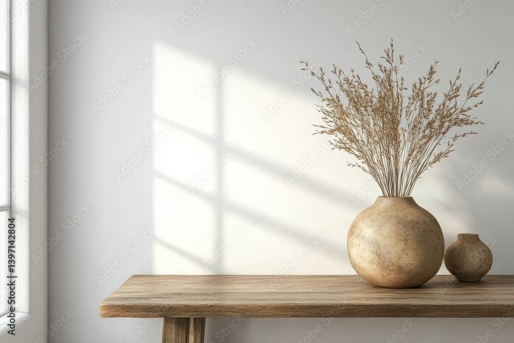 Poster dried grass in a vase sits on a rustic wooden table near a window. perfect background to add text or