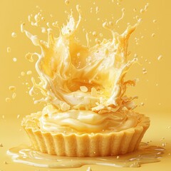 A creamy tart with a splash of liquid, set against a vibrant yellow background, captures a sense of freshness and indulgence.