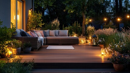 Obraz premium A cozy outdoor patio at twilight, bathed in warm lighting.