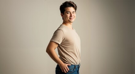 Obraz premium Young man with a friendly smile standing in a relaxed pose against a light neutral background