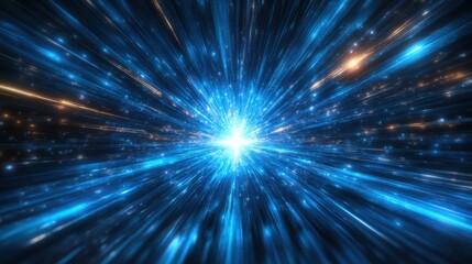 Dynamic streaks of vibrant blue and gold light converge at a brilliant central point, creating an image of intense energy and speed.