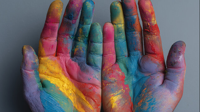 Colorful hands pressed together on a textured background  