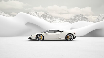 White Sports Car on Snowy Plain with Abstract White Hills