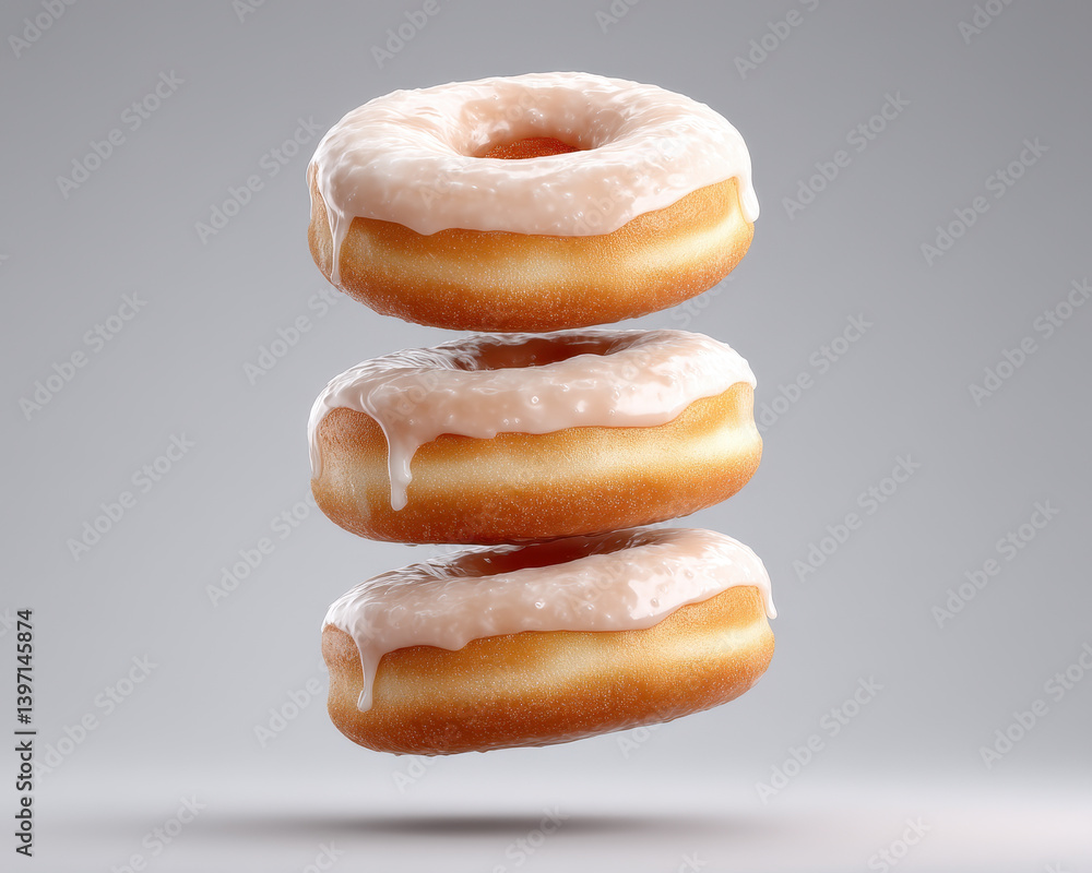 Poster delicious glazed doughnuts stacked in visually appealing arrangement, showcasing their soft texture 