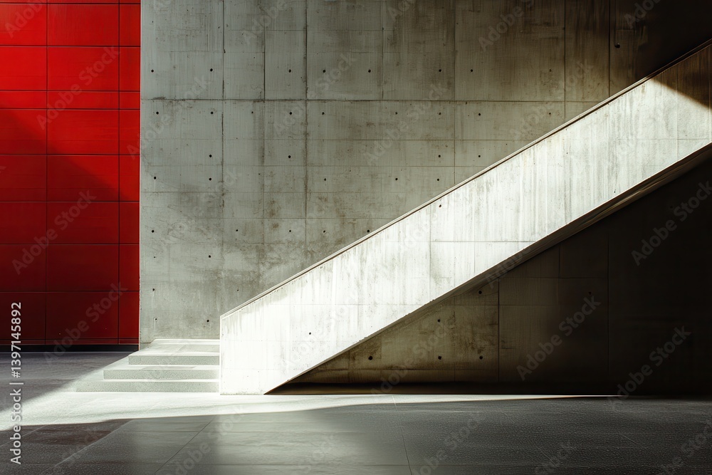 Poster a concrete staircase shines in stark contrast to a red tile wall. use this for architectural design 