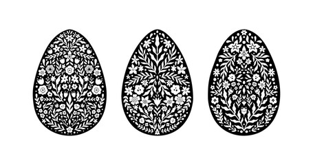 Easter Floral Egg Icon Set. Abstract Flowers in Egg Silhouette. Vector Linocut object isolated on white background. Ester Egg hunter design for greeting card, banner, print. Spring icon floral decor.