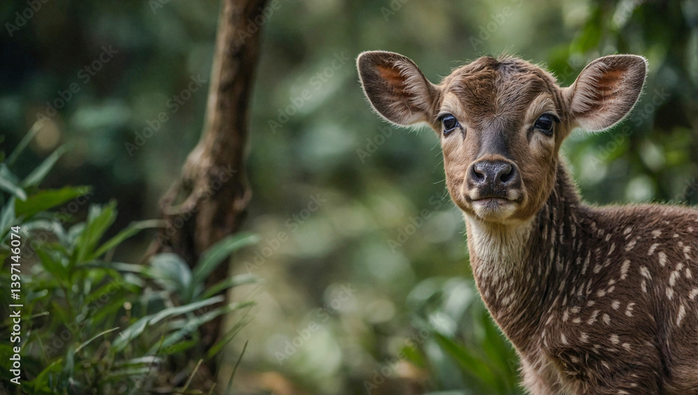 Poster close-up view of lowland anoa cub in its natural environment with a blurred background.