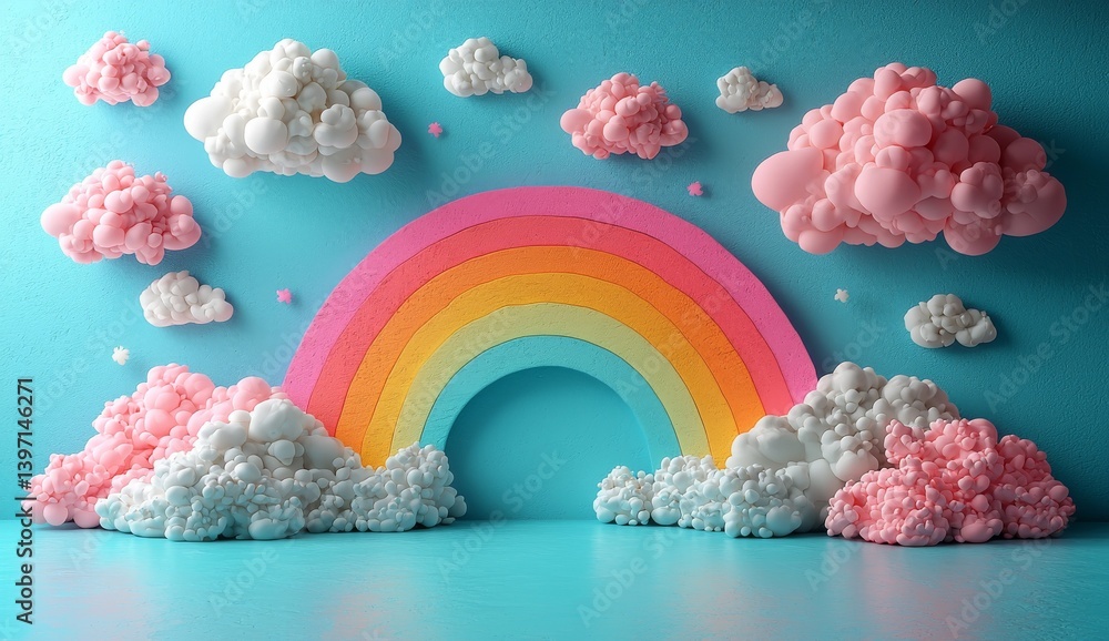 Aufkleber the image is a 3d rendering of vibrant pastel clouds and a rainbow, complete with empty space for pr
