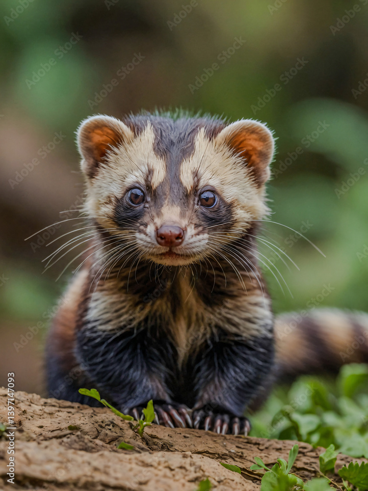 Poster close-up view of marbled polecat cub in its natural environment with a blurred background.