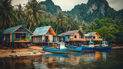 Naklejka premium Rustic Fishing Village with Wooden Houses on Stilts by the Water