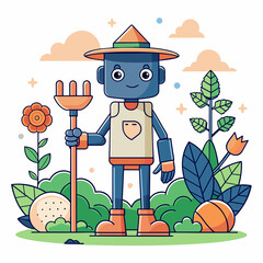 A cute, flat-style illustration of a robot farmer surrounded by plants, holding a rake. Uses a vibrant and cheerful color palette.