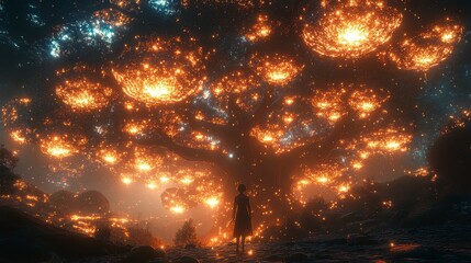 Naklejka premium Luminous tree. Figure stands beneath. Glowing orbs illuminate a dark landscape, fantastical