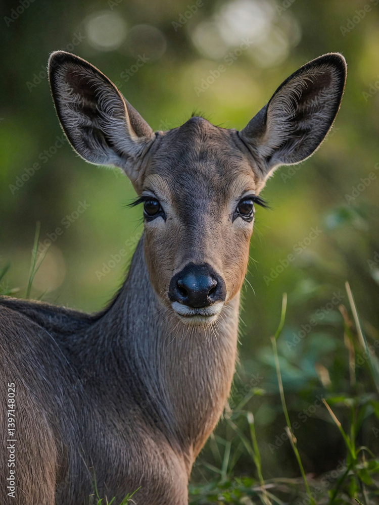 Poster close-up view of nilgai cub in its natural environment with a blurred background.