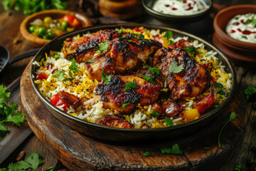 Close up of chicken biryani in a bowl on a wooden surface setting